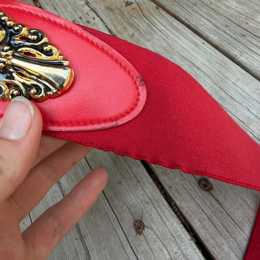 Vintage 80s Red Elastic Cinch Belt Gold Baroque Filigree Buckle Statement